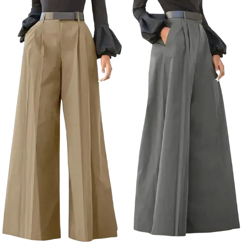 Wide leg pants for women in tan and charcoal gray with structured pleats and matching belt for casual high waist wear