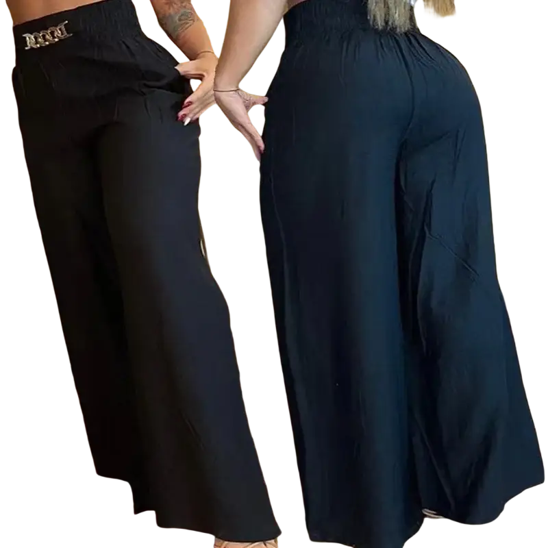 Black high-waisted wide leg pants for women with elastic waistband and subtle gold chain detail for casual office wear