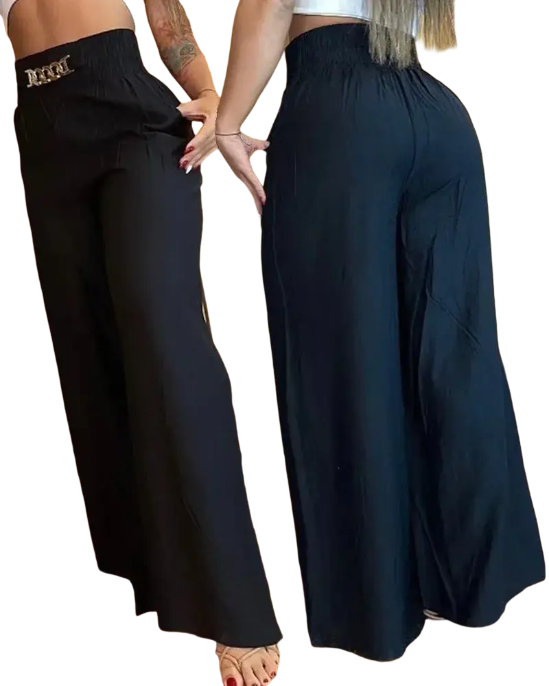 Black high-waisted wide leg pants for women with elastic waistband and subtle logo detail for casual office wear