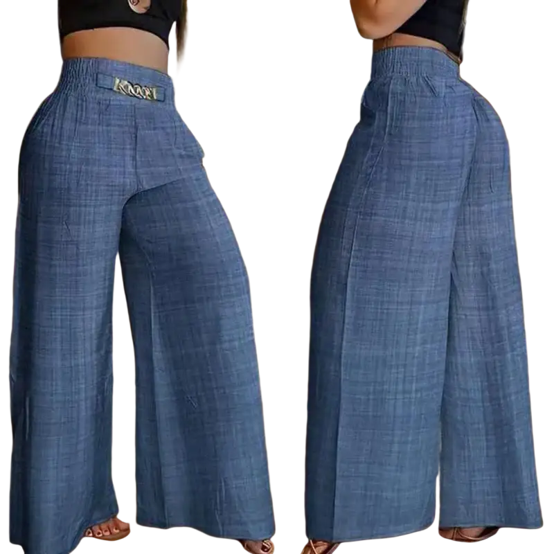 Blue checkered wide leg pants for women with high waist elastic waistband and gold tone karl logo belt for casual office wear