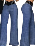 Wide leg blue denim flare pants with black striped elastic waistband for women’s casual office wear