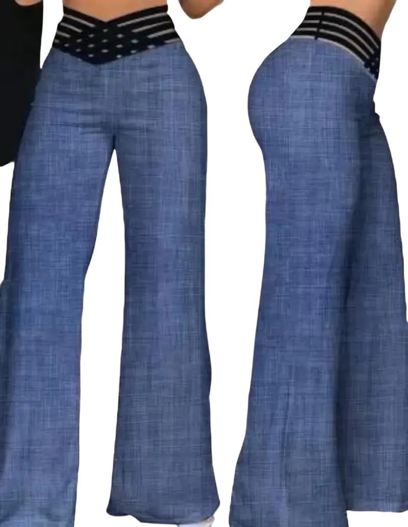 Wide leg blue denim flare pants with black striped elastic waistband for women’s casual office wear