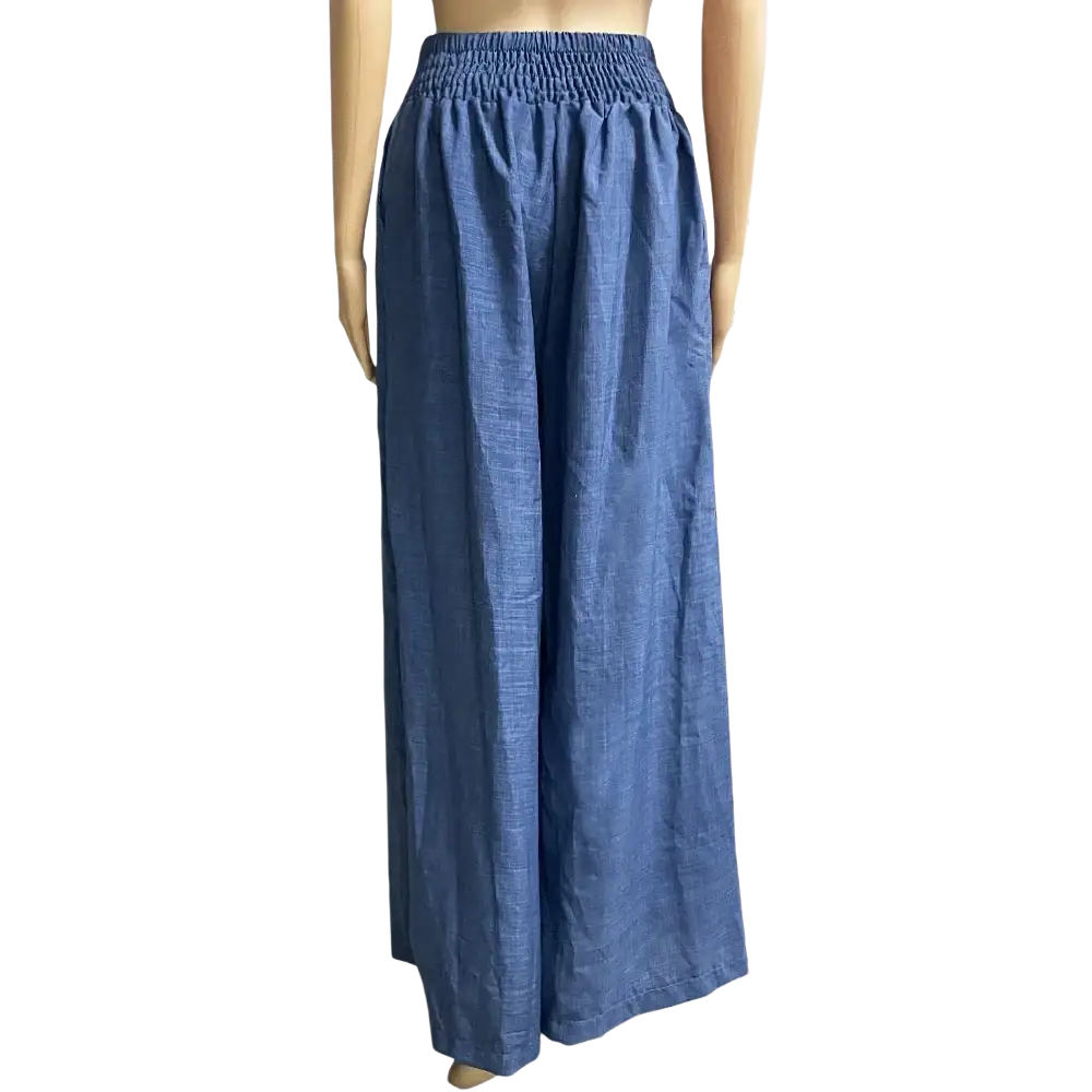 Blue linen wide leg pants for women with elastic waistband suitable for casual office wear