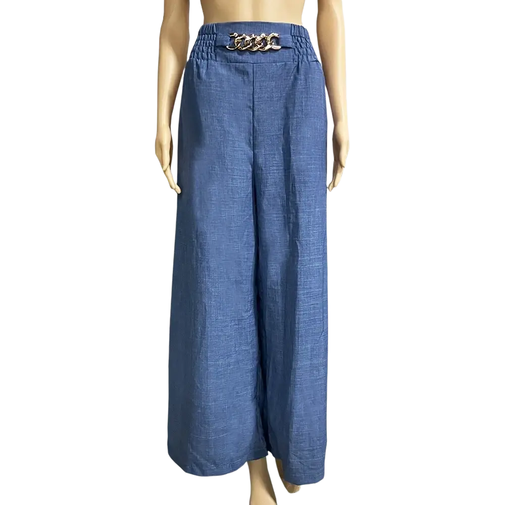 Blue linen wide leg pants for women featuring a gold toned chain belt ideal for casual office wear