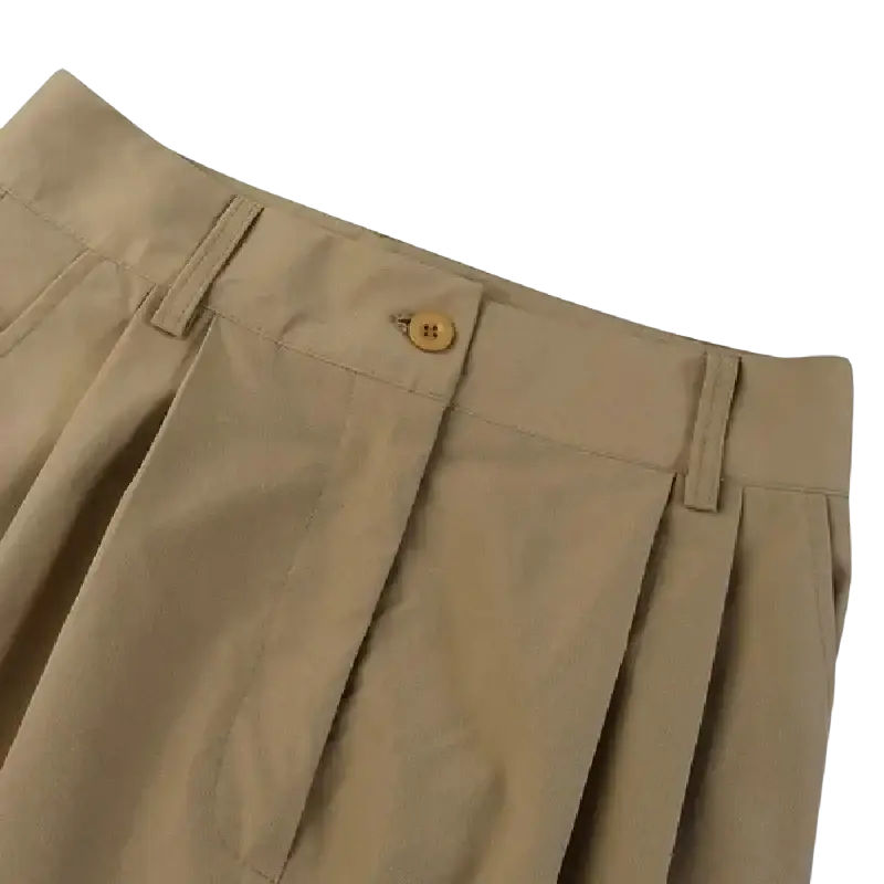 Wide leg beige pleated high waisted office trousers with button closure and subtle stitching details for women