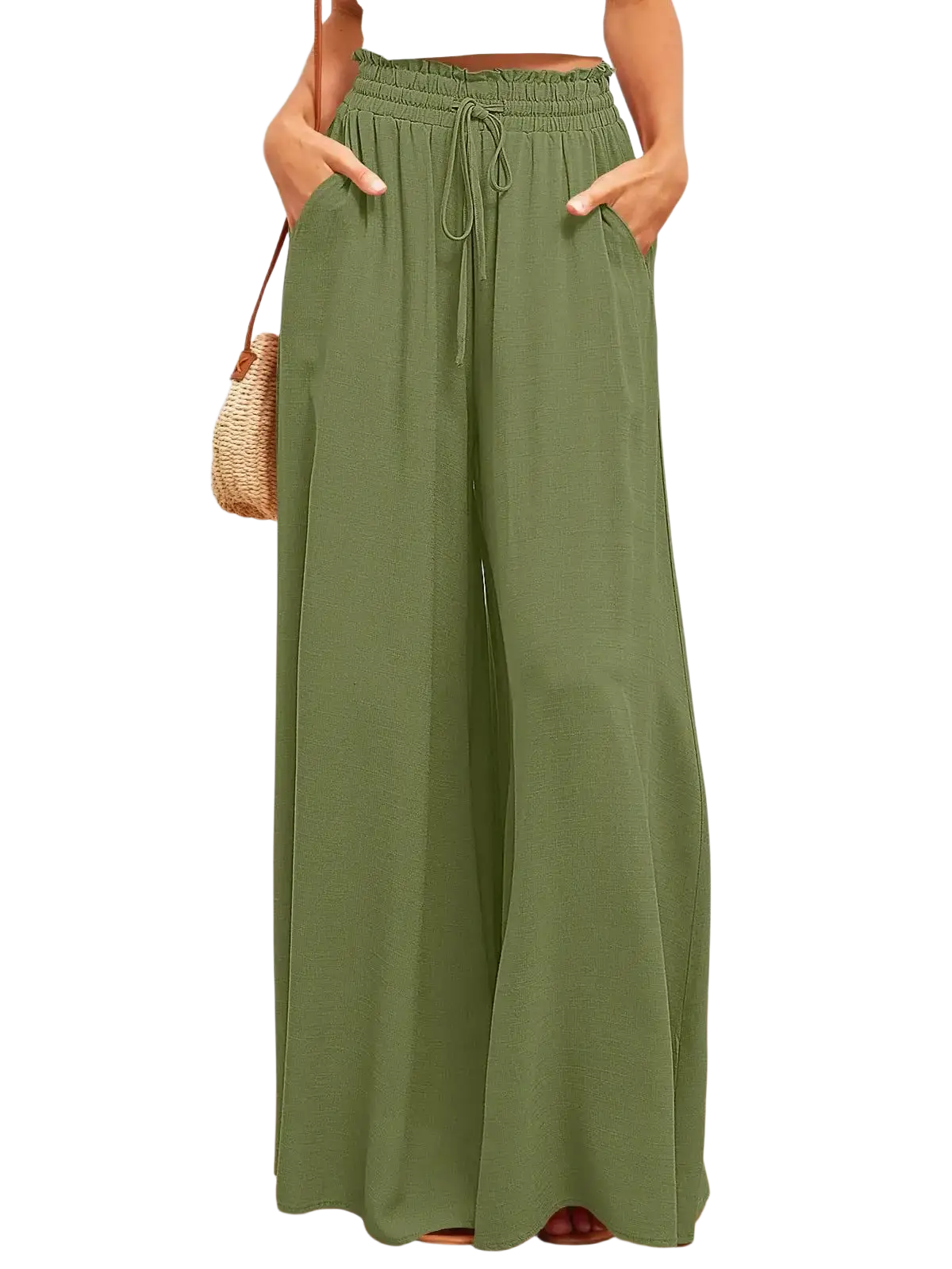 Olive green wide leg pants for women with elastic waistband and drawstring made of lightweight summer fabric