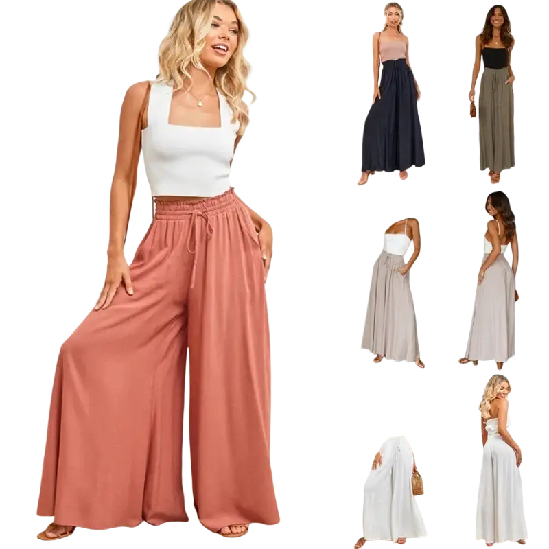 Wide leg pink summer palazzo pants for women with elastic waistband and drawstring for comfortable fit