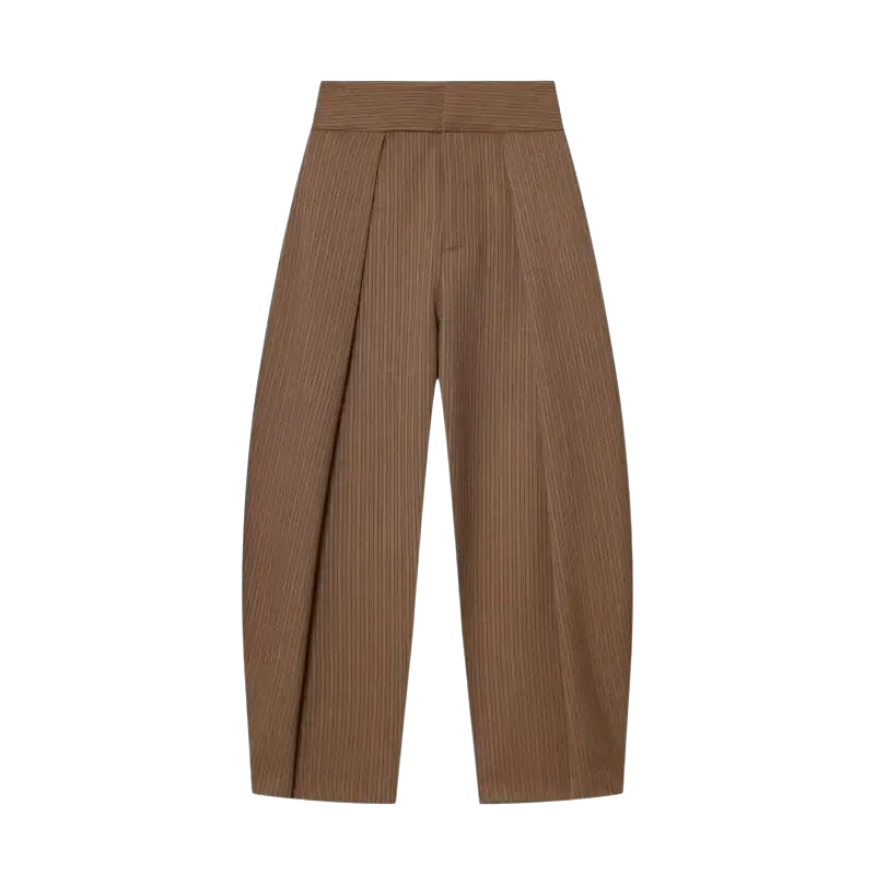 Brown pinstripe wide leg pleated high waist trousers with a wide leg cut in a formal fabric design