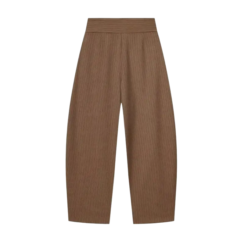 Brown wide leg high waist trousers with a subtle vertical ribbed texture and pleated design