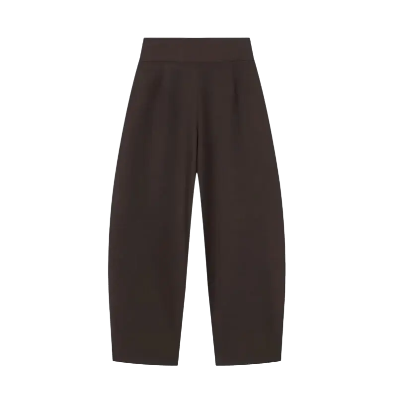 Dark brown wide leg pleated high waist trousers made of smooth tailored fabric for formal and casual wear