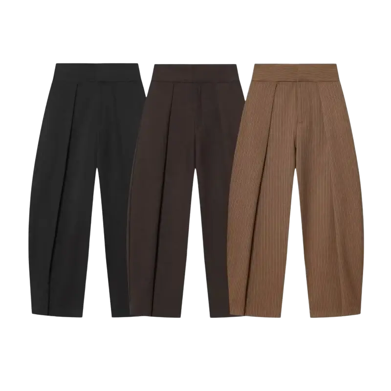 Three pairs of wide leg pleated high waist trousers in black dark brown and tan with subtle vertical stripes on tan