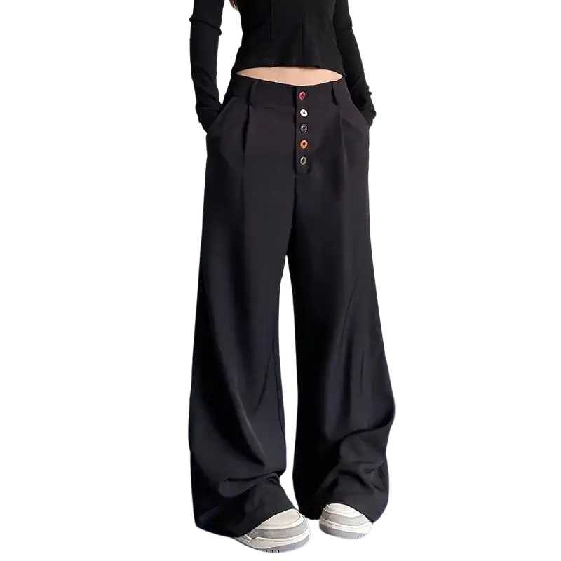 Black high waist wide leg pleated pants featuring colorful button details down the front
