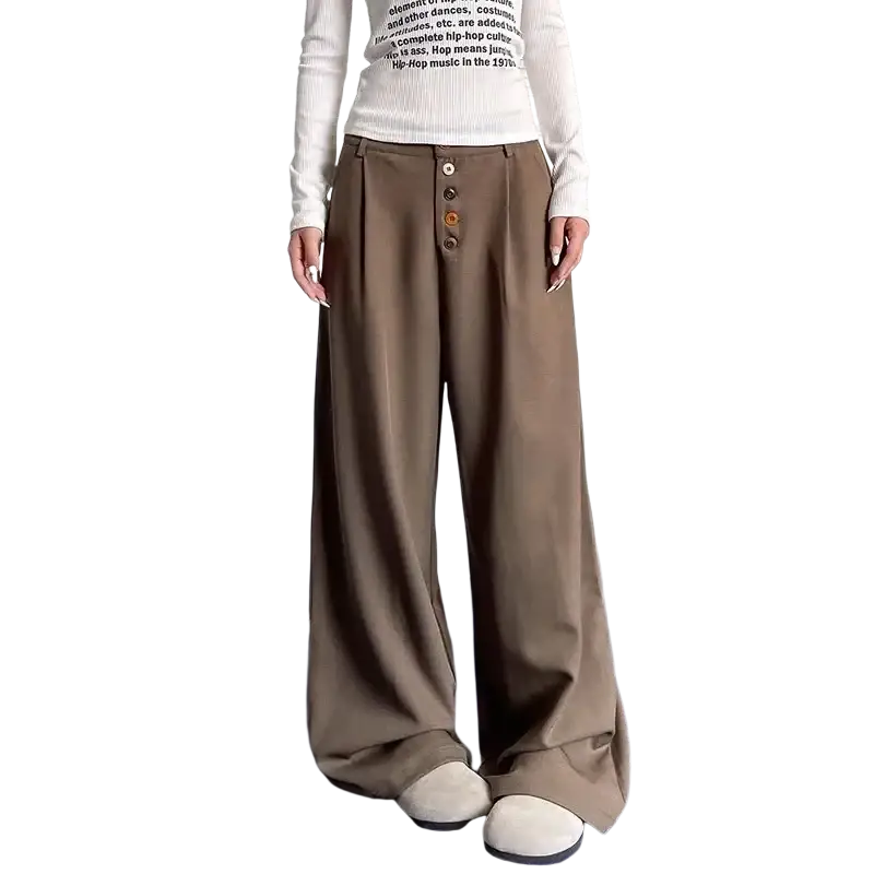Wide-leg brown pleated pants featuring a button-front closure with colorful buttons for stylish comfort