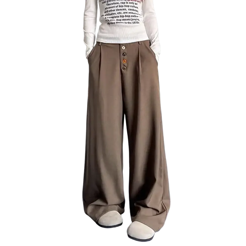 Brown wide leg pleated pants with colorful button closures on the front suitable for stylish casual wear
