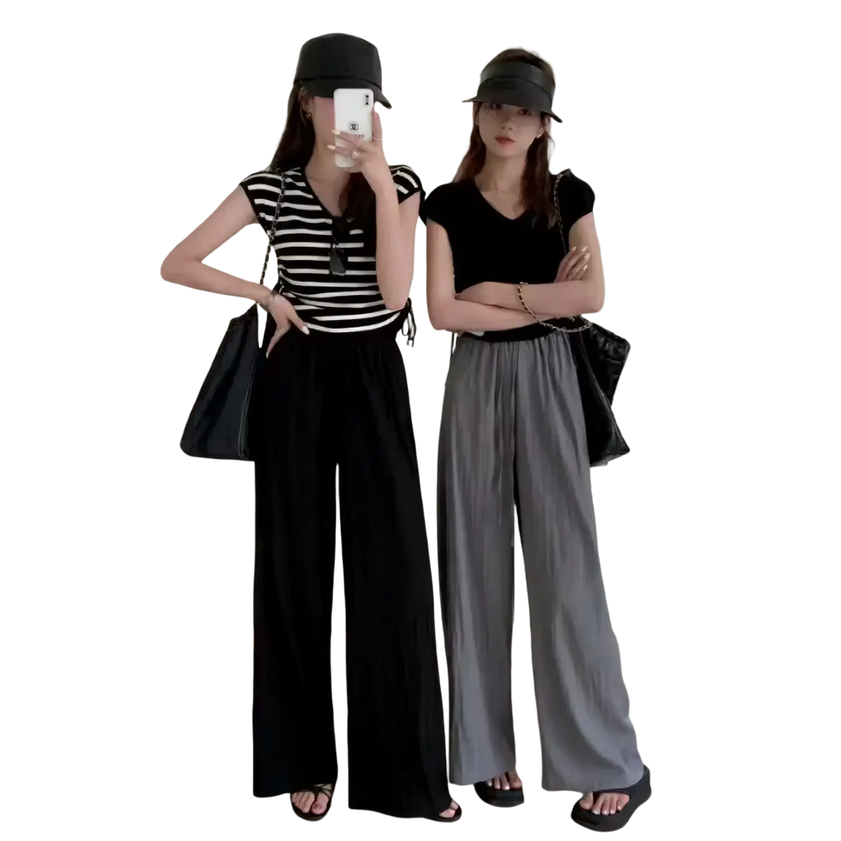 Black and white striped short-sleeved top with v-neckline paired with wide leg pleated trousers women summer pants modname=ckeditor