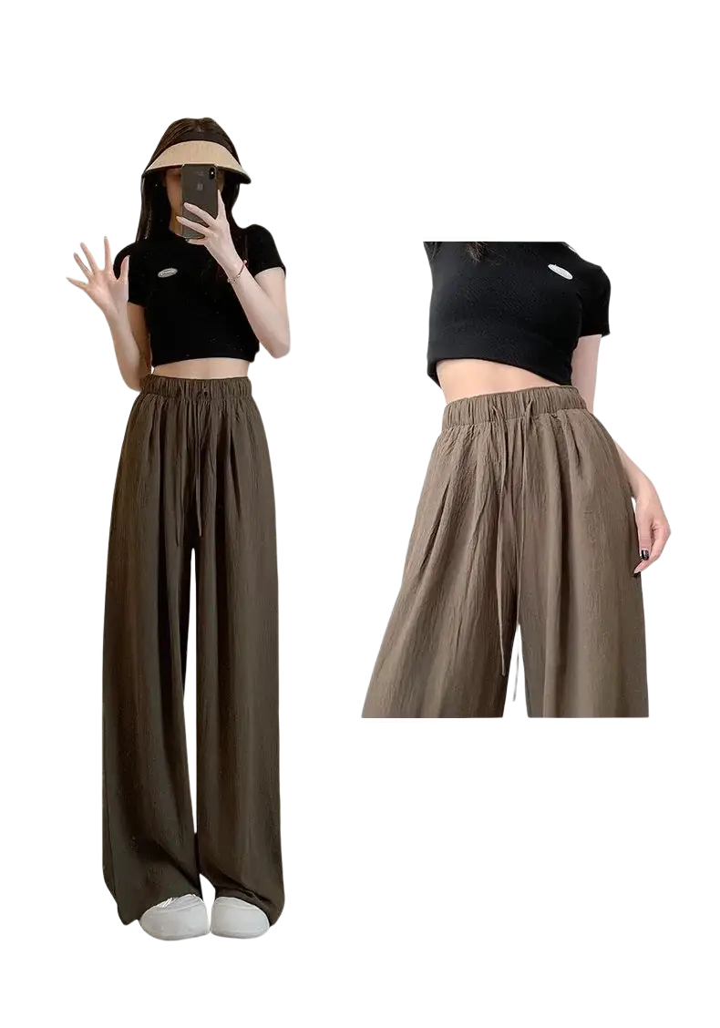 Brown wide leg pleated trousers for women with elastic waistband and drawstring summer pants modname=ckeditor