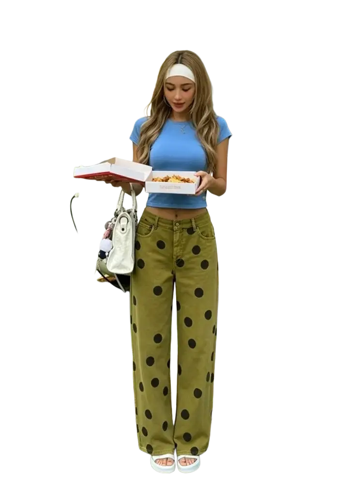 Olive green wide leg high waist pants with black polka dots in lightweight fabric for stylish comfort