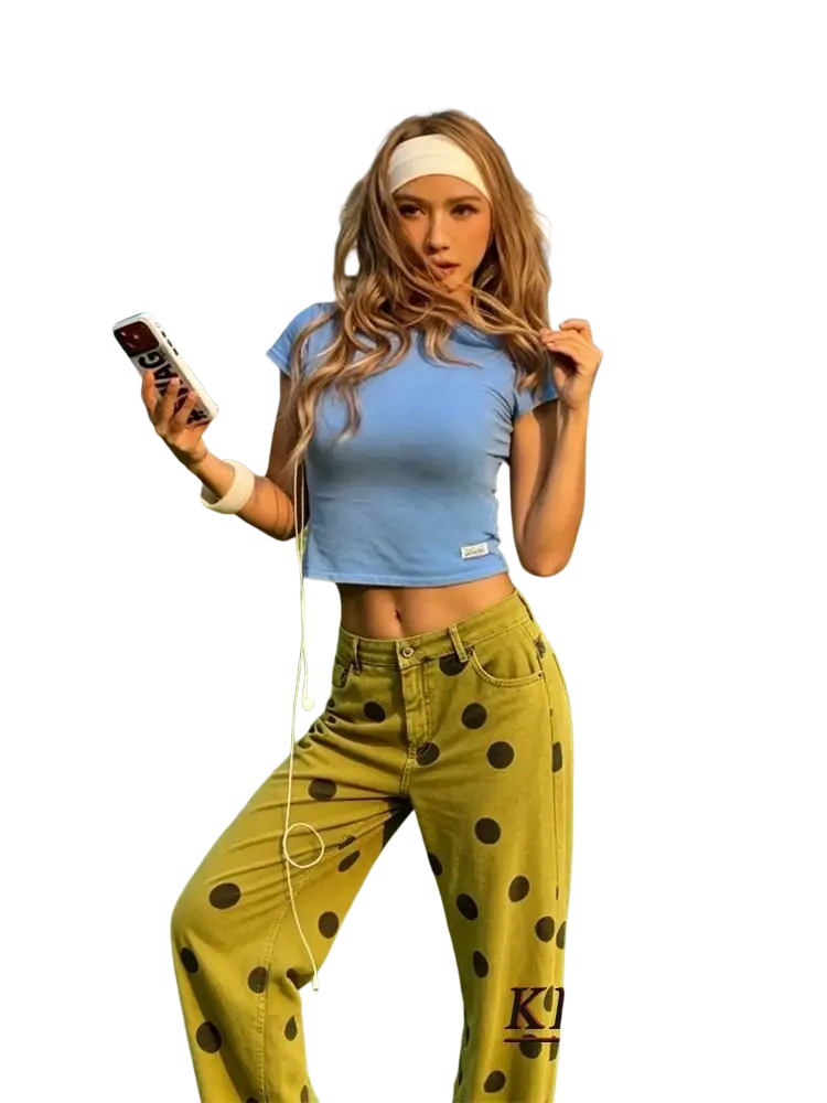 Olive green wide leg high waist pants with polka dot pattern for stylish casual wear