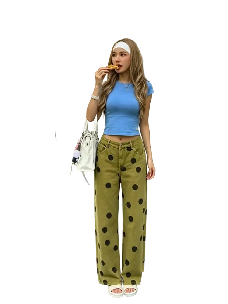 Olive green wide leg high waist pants with black polka dots featuring a flowy silhouette for casual wear