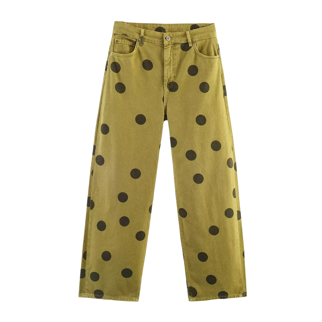 Olive green denim wide leg high waist pants with bold black polka dot pattern for stylish casual wear