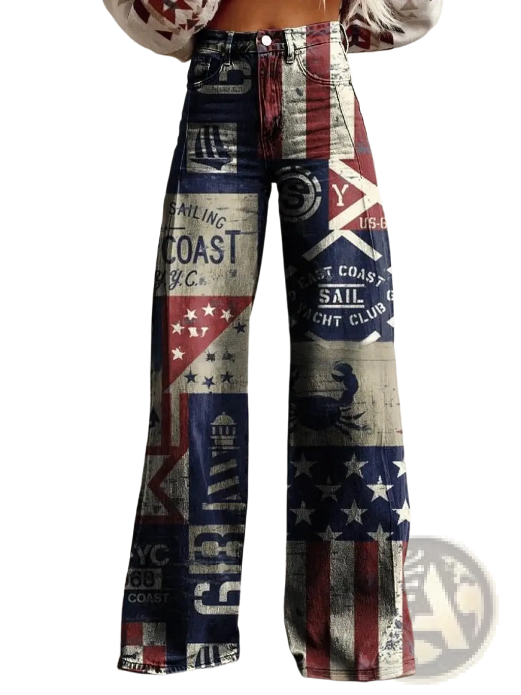 High-waisted wide leg printed denim jeans with vintage nautical and american flag patchwork in faded blue red white and gray