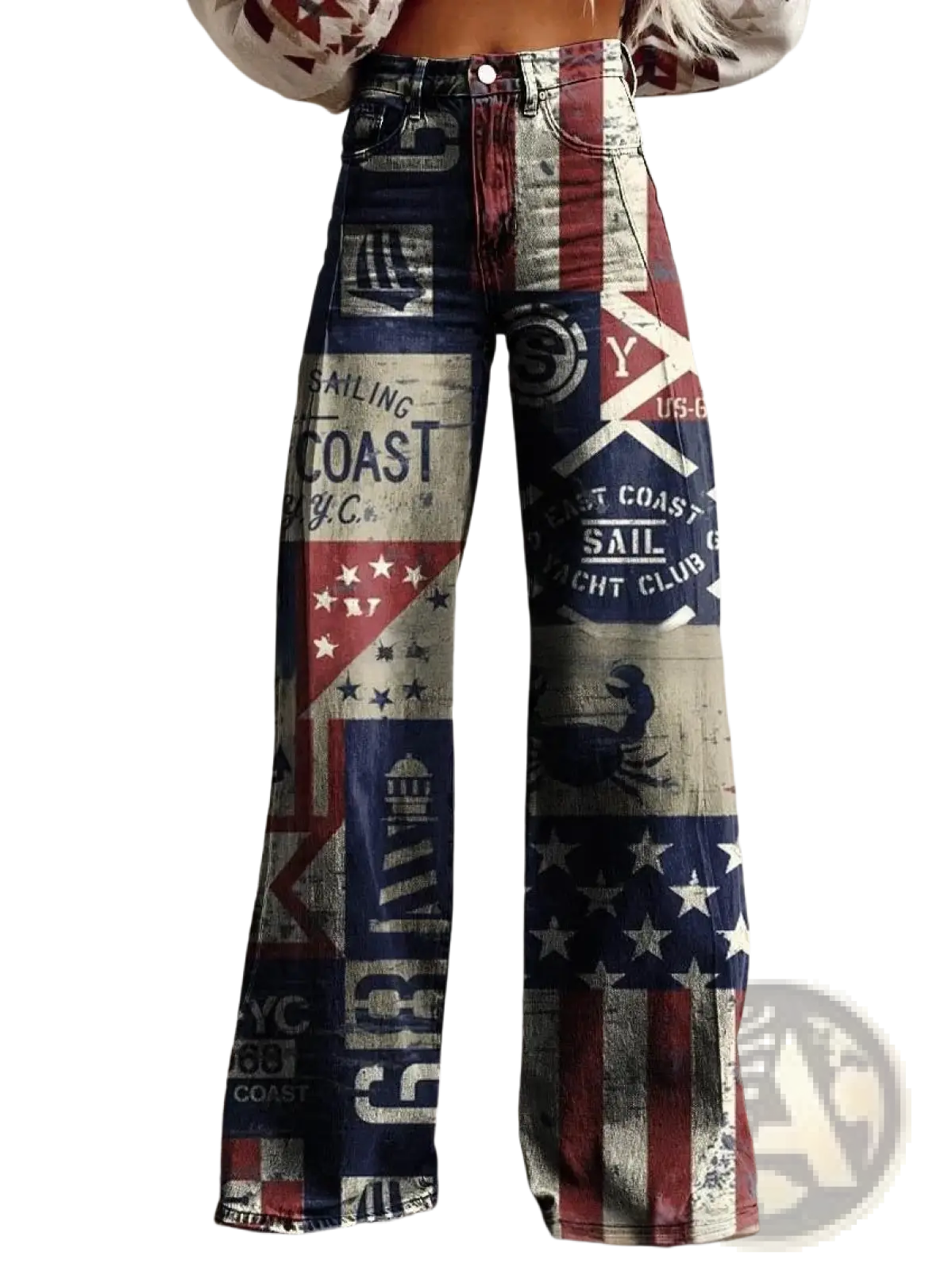 High-waisted wide leg printed denim jeans with vintage nautical and american flag patchwork in faded blue red white and gray