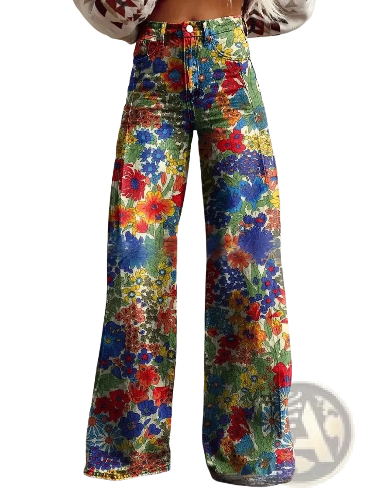 Wide leg printed denim jeans flared pants featuring vibrant red blue and yellow floral print on denim fabric