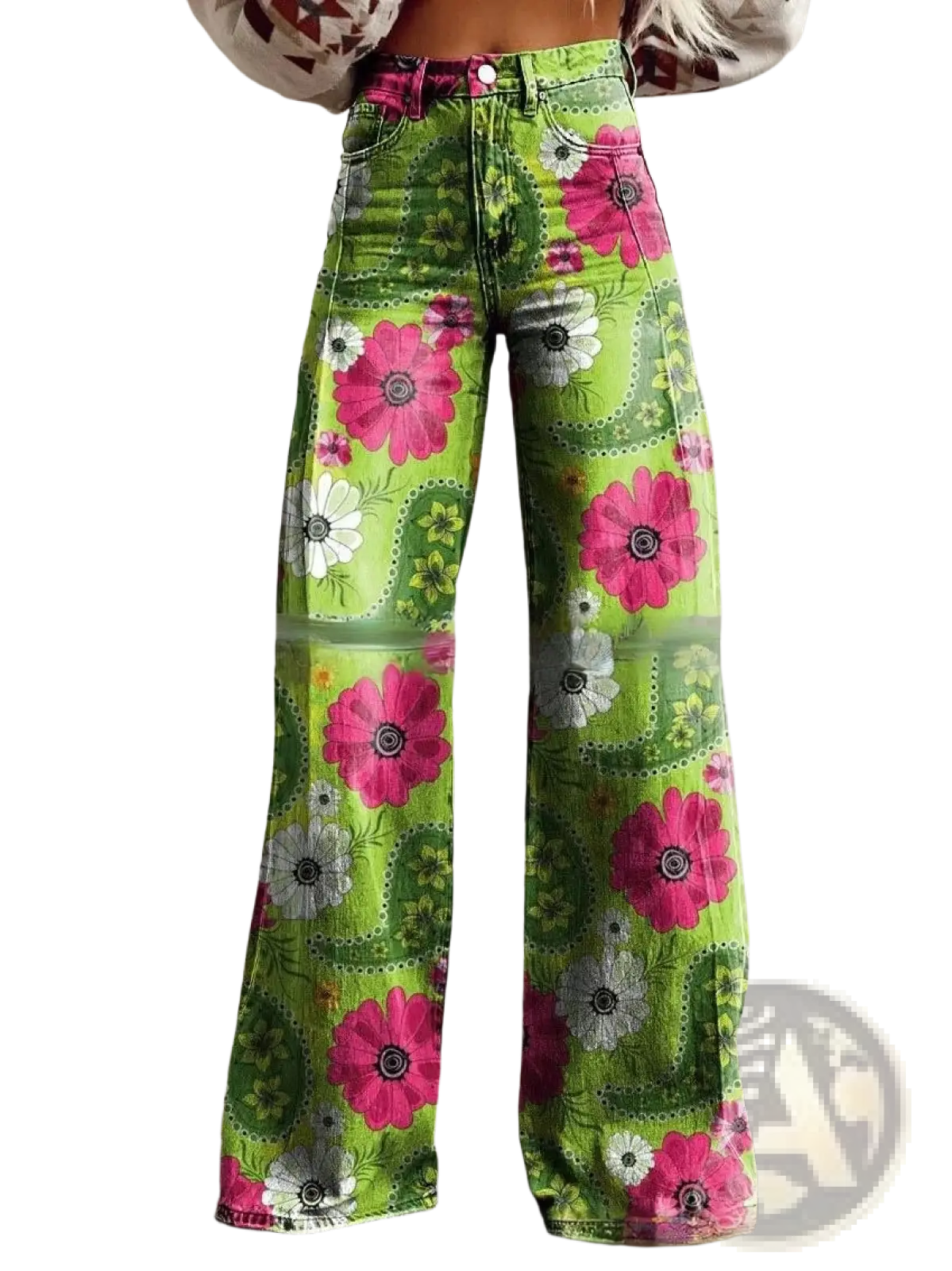 Wide leg printed denim jeans flared pants in vibrant lime green with high waist and bold pink and white floral patterns