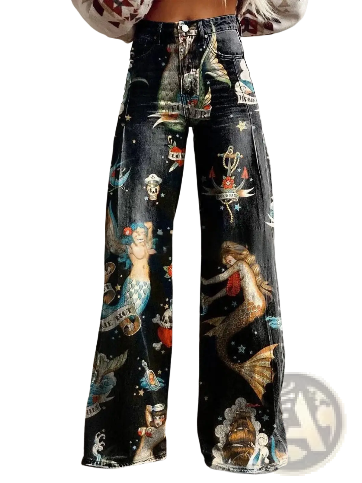 Wide leg printed denim jeans flared pants in black featuring a vibrant mermaid nautical tattoo style print