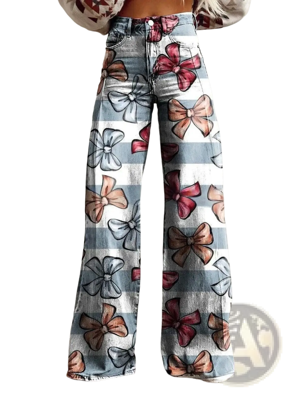 Wide leg printed denim jeans flared pants with multicolored bows on blue and white striped background