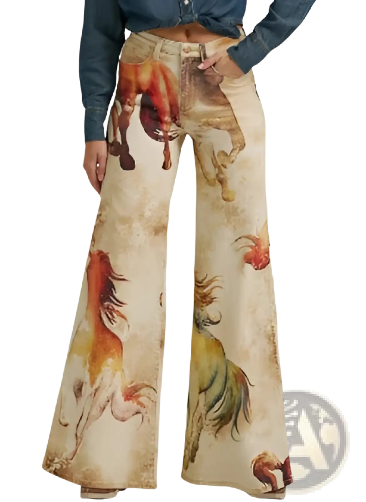 Beige wide leg printed denim jeans with vintage horse and rooster print in earthy tones flared pants