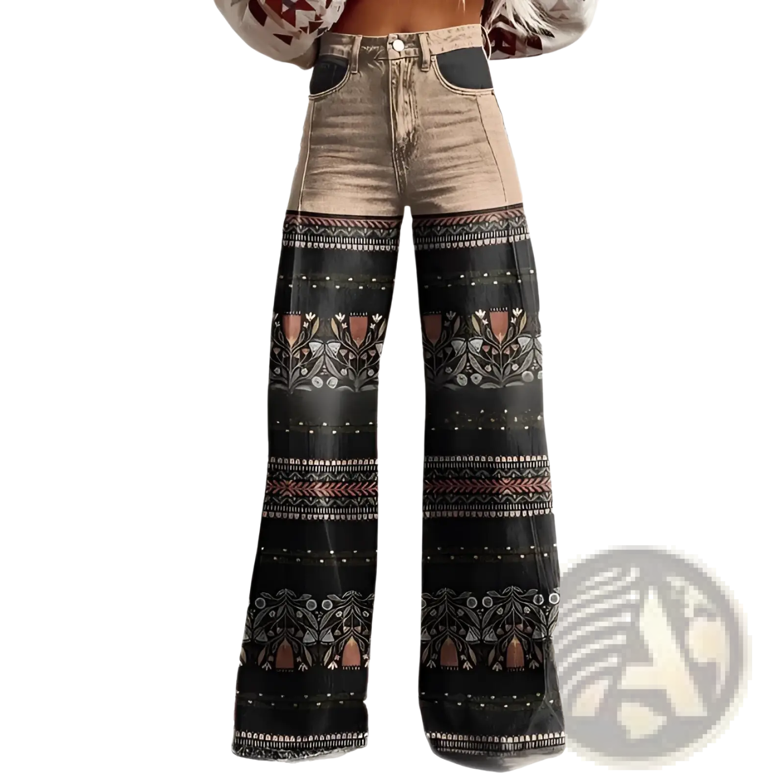 High-waisted wide leg printed denim jeans with faded beige upper and black floral and geometric patterned lower section