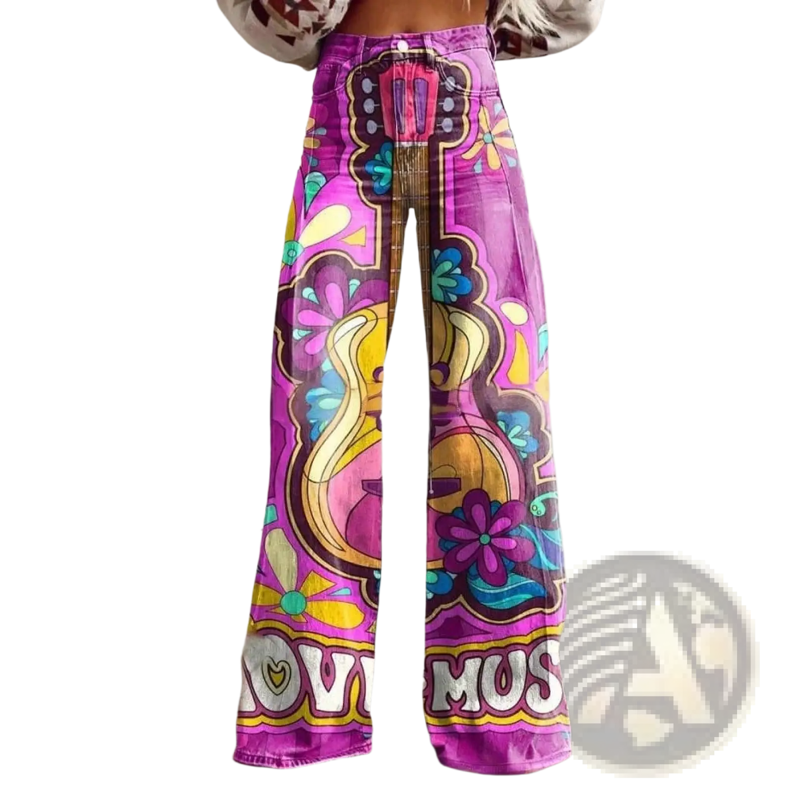 Wide leg printed denim jeans flared pants in vibrant purple with psychedelic floral and guitar design in bold accents
