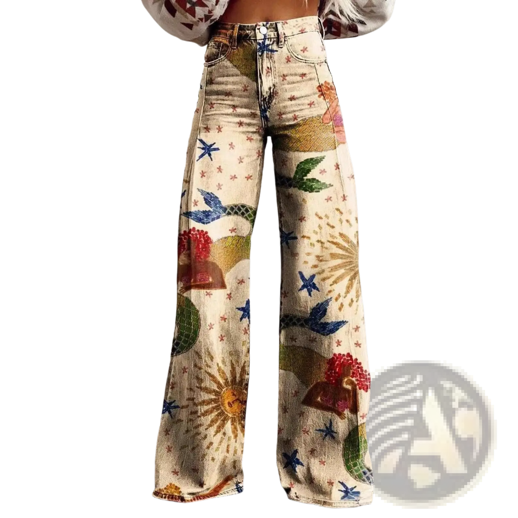 Wide leg printed denim jeans with a vibrant mermaid star and sunburst print in blue red green and gold on off white background