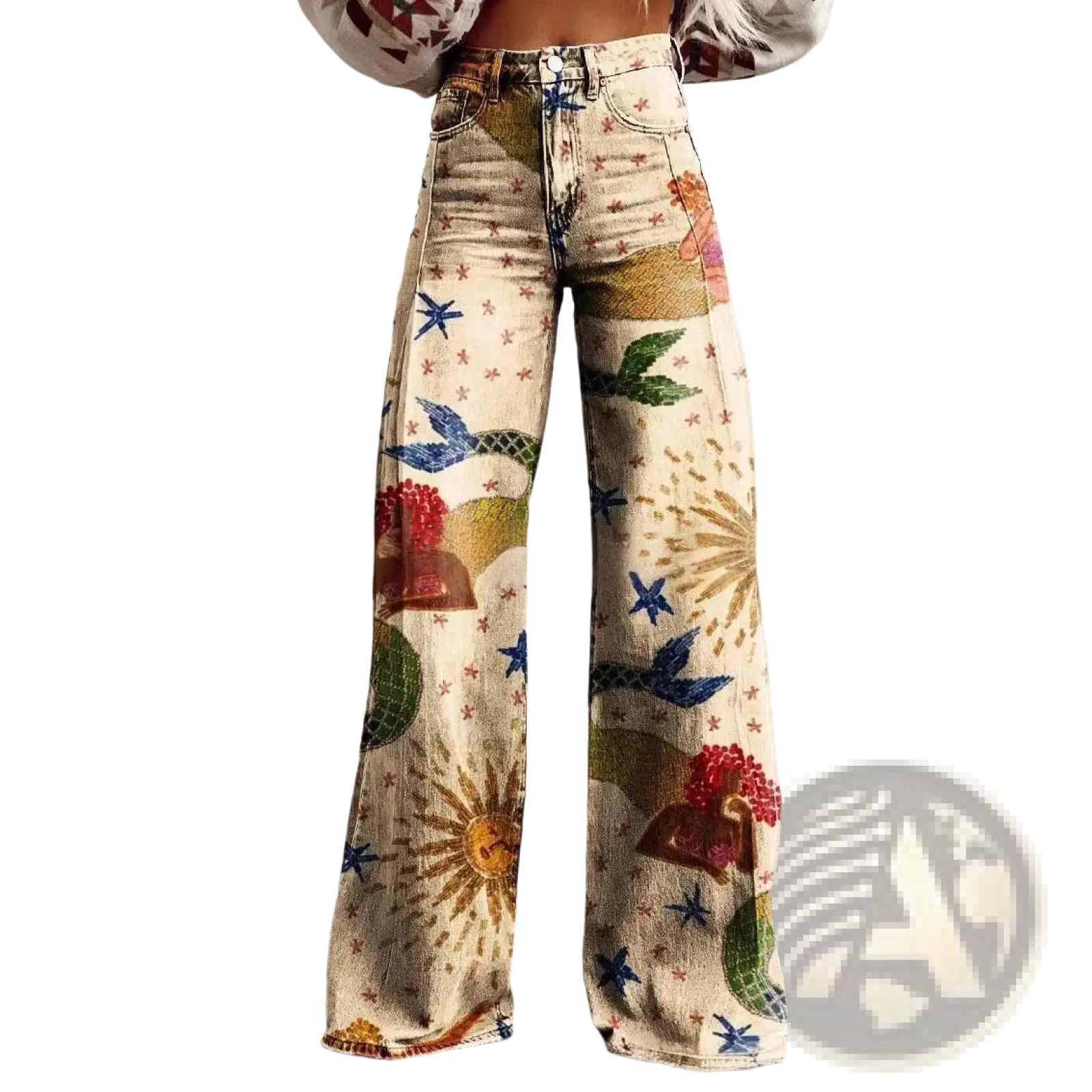 Wide leg printed denim jeans with a vibrant mermaid star and sunburst print in blue red green and gold on off white background