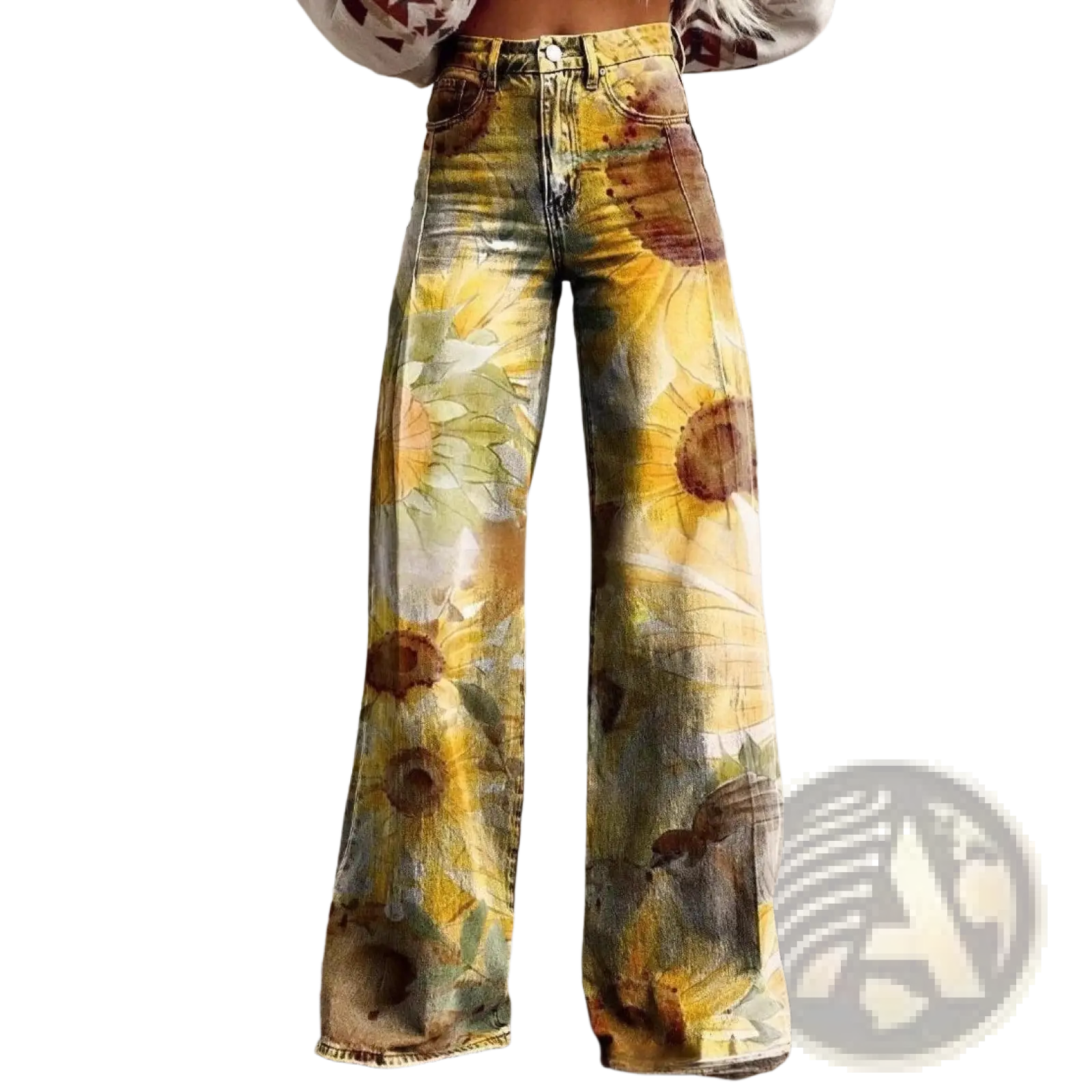 Wide leg printed denim jeans featuring a vibrant sunflower print in yellow green and brown tones
