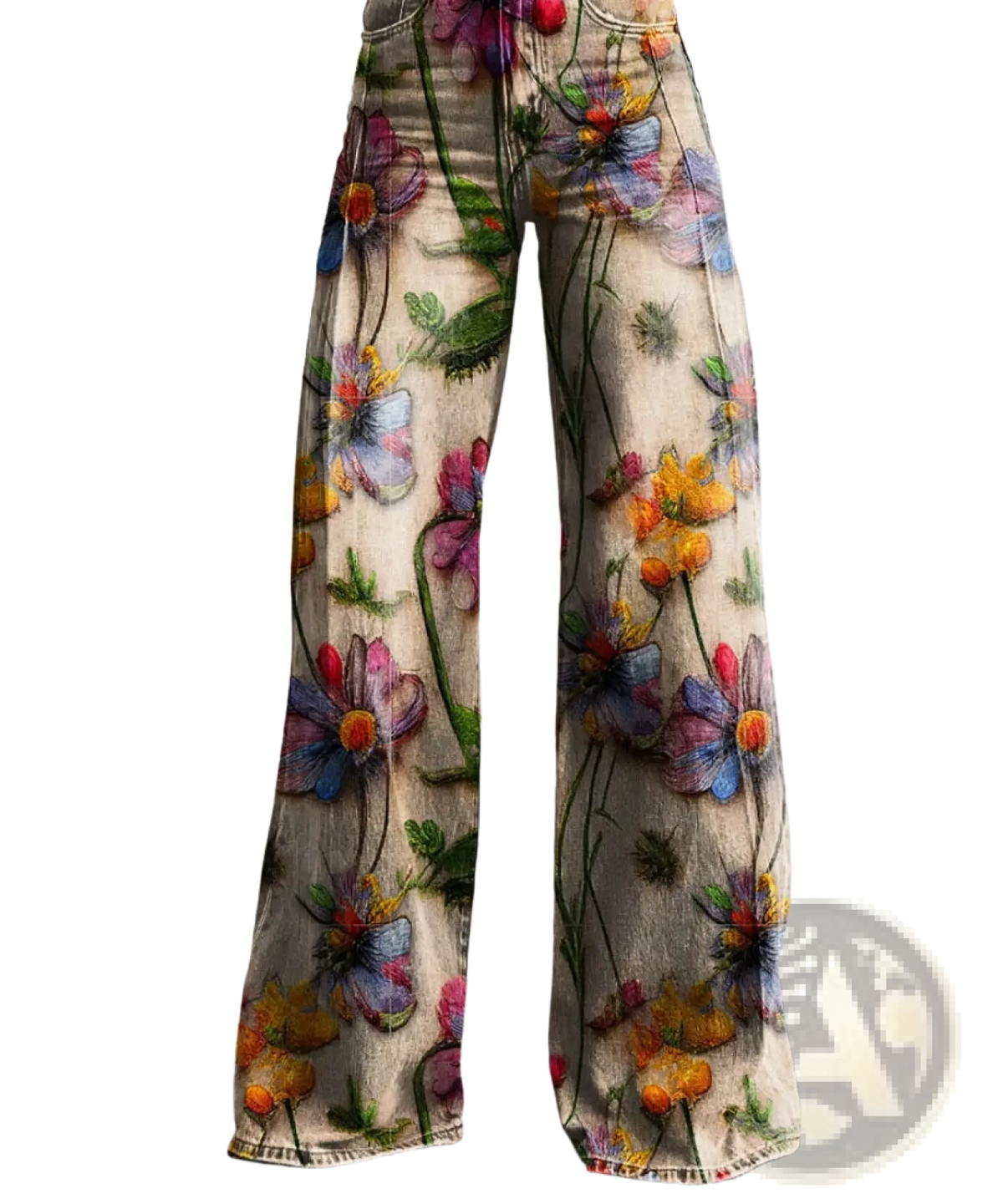 Wide leg printed denim jeans in faded beige with vibrant multicolored floral print on wide leg flared pants