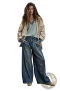 Wide leg retro denim jeans in vintage blue medium wash featuring relaxed fit and classic stitching in denim fabric