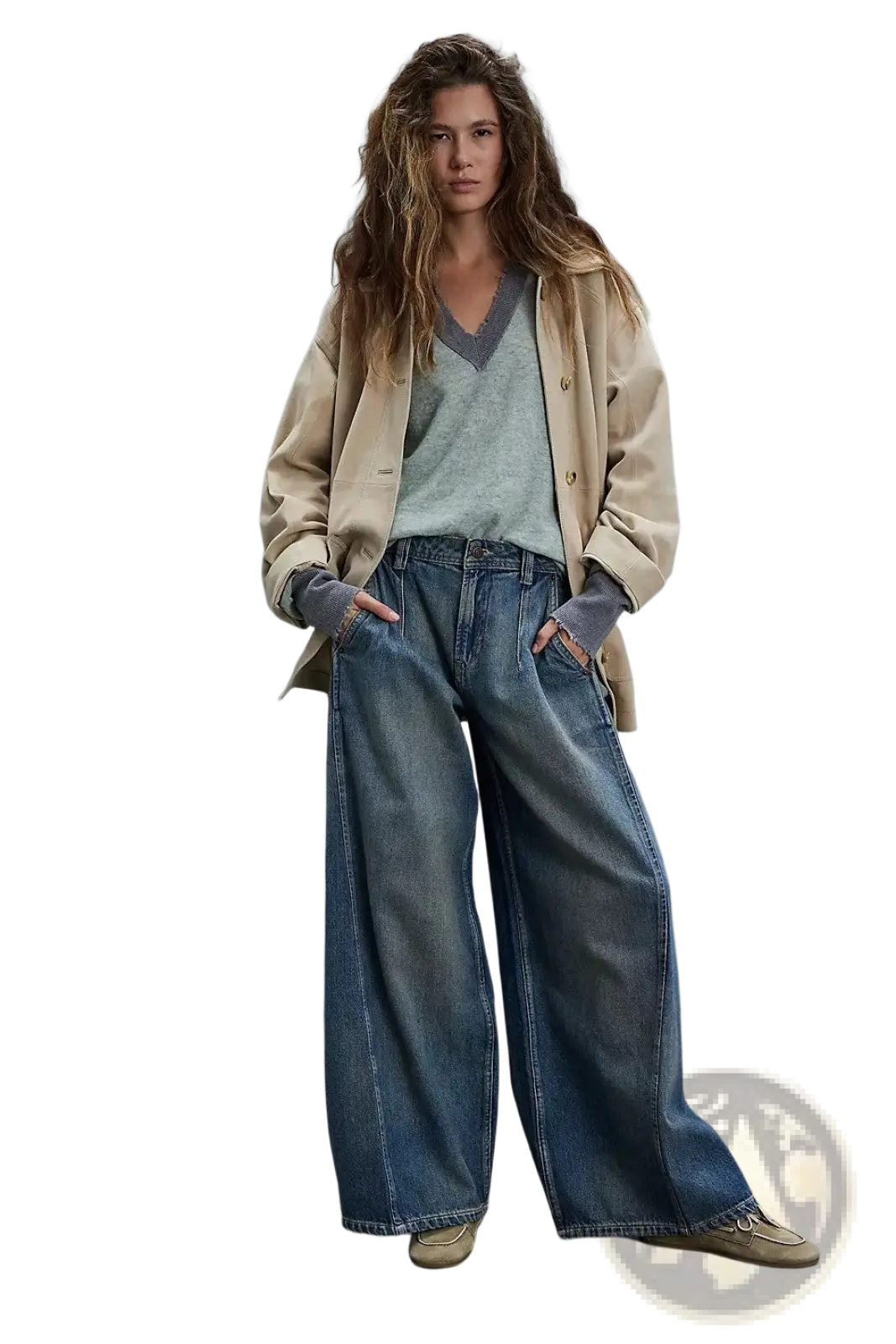 Wide leg retro denim jeans in vintage blue medium wash featuring relaxed fit and classic stitching in denim fabric