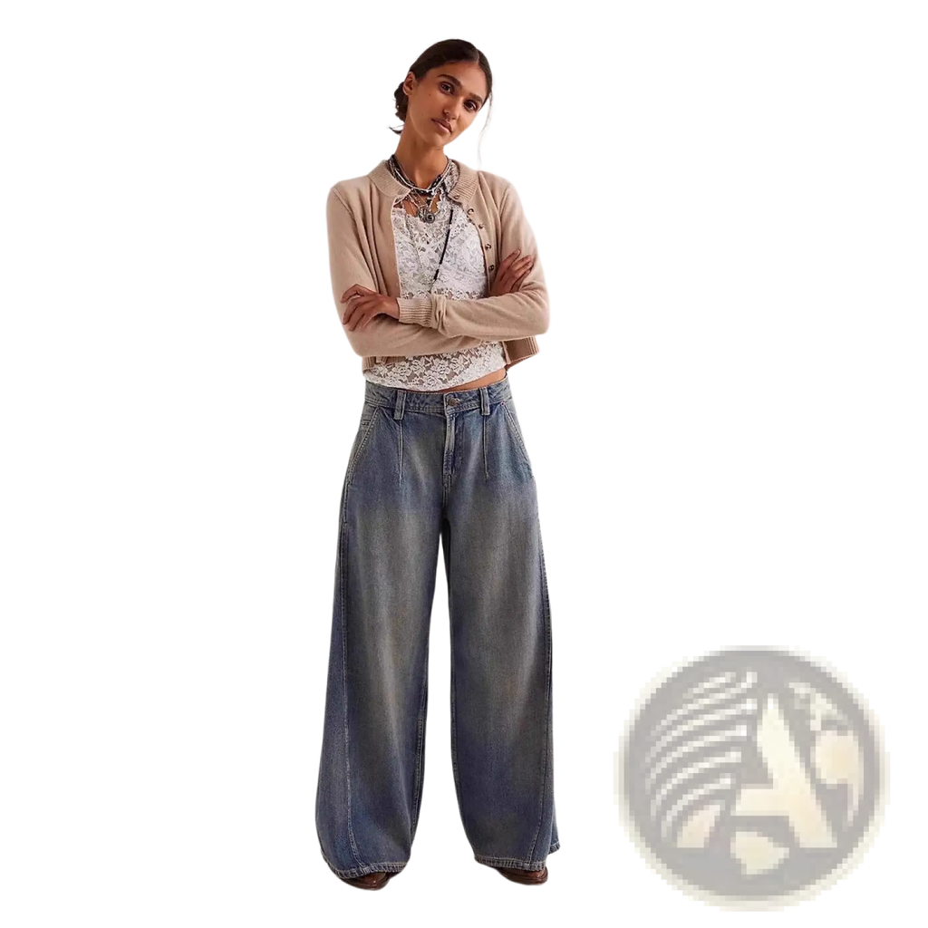 Wide leg retro denim jeans in vintage blue medium-wash with subtle fading and detailed stitching in denim fabric