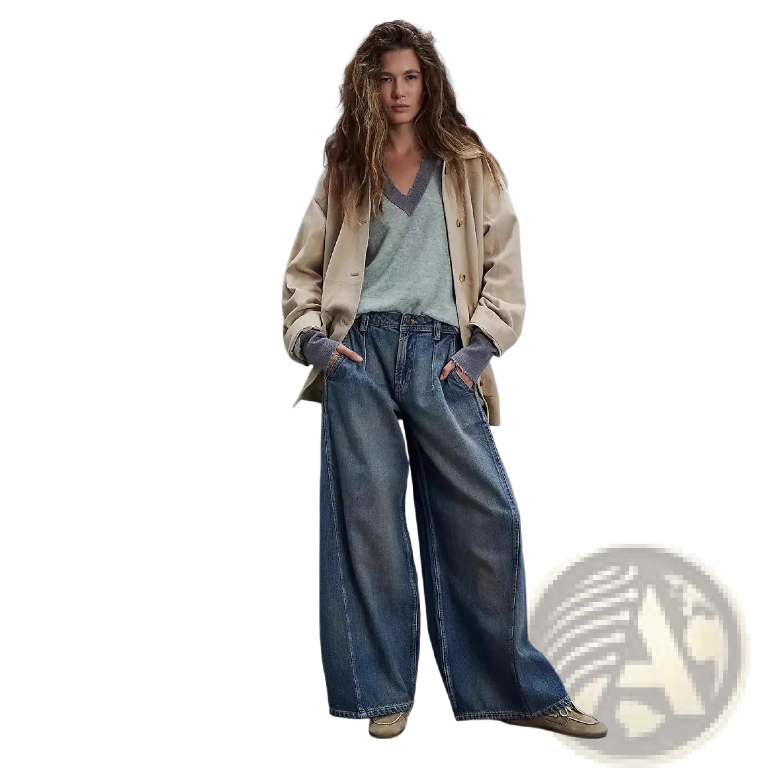 Wide leg retro denim jeans in medium-wash blue with visible stitching and frayed hems in vintage style