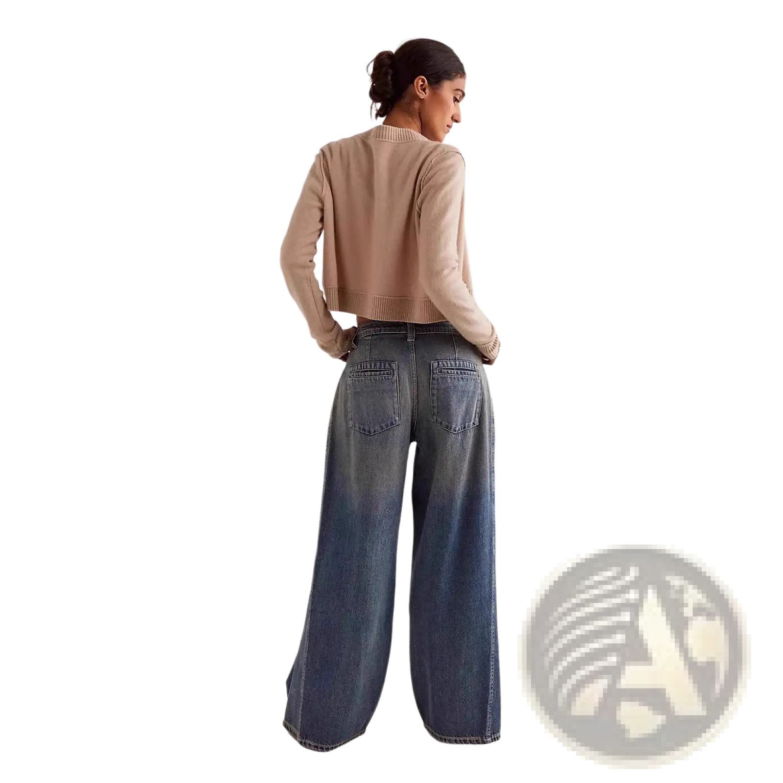Wide leg retro denim jeans in vintage blue showing the back side with classic stitching and back pockets