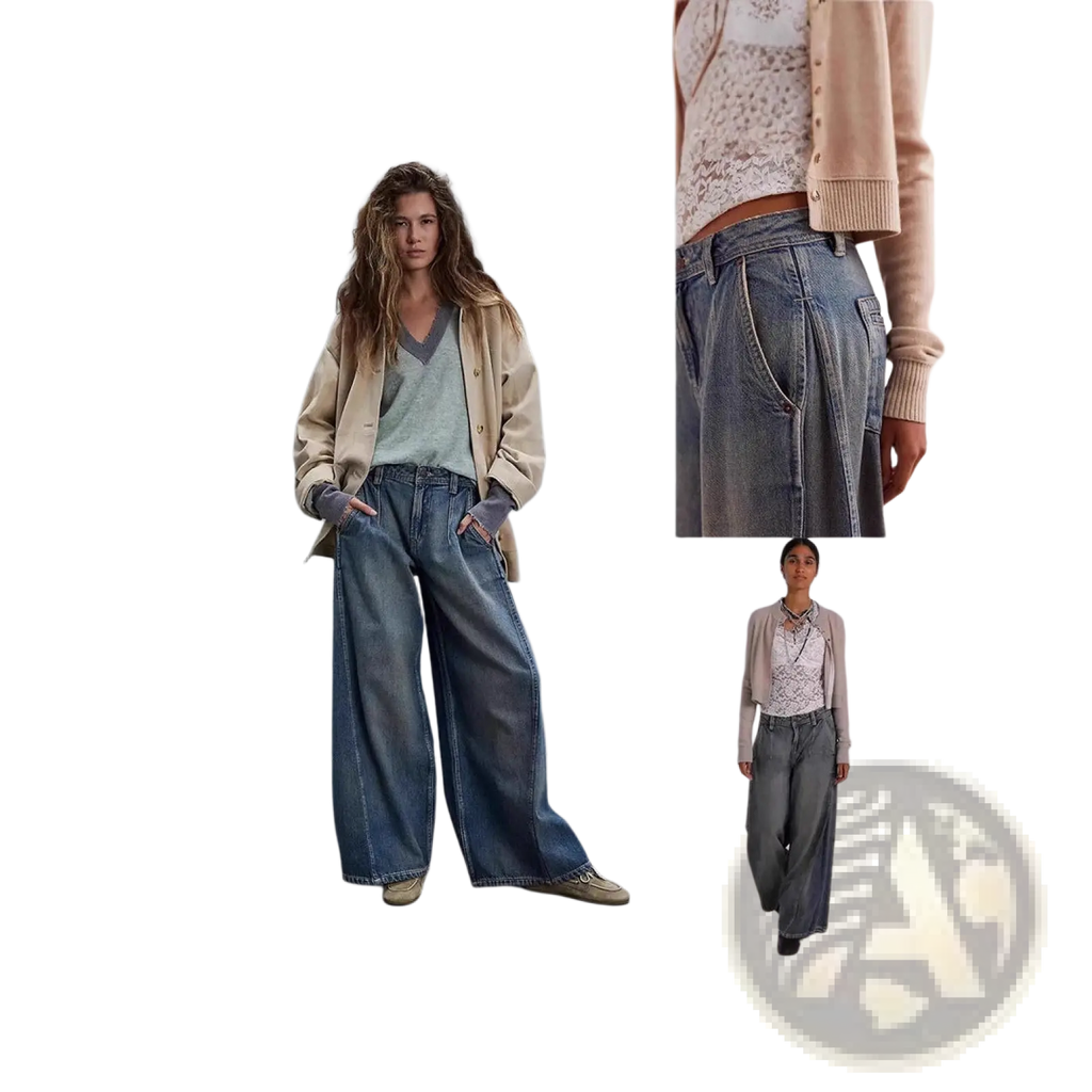 Wide leg retro denim jeans in vintage blue with visible stitching and a relaxed tapered fit in medium-wash denim