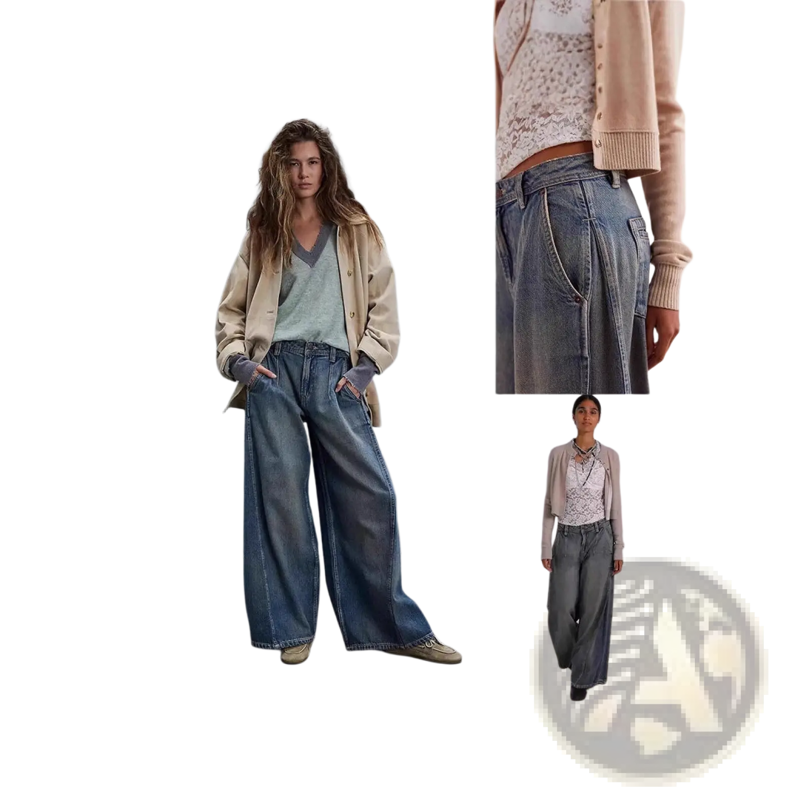 Wide leg retro denim jeans in vintage blue with visible stitching and a relaxed tapered fit in medium-wash denim