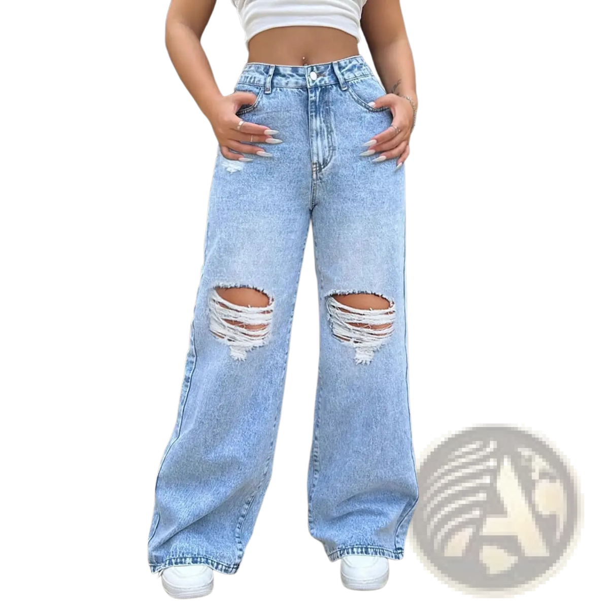 Wide leg ripped jeans in light wash denim featuring distressed frayed ripped knees for a casual look