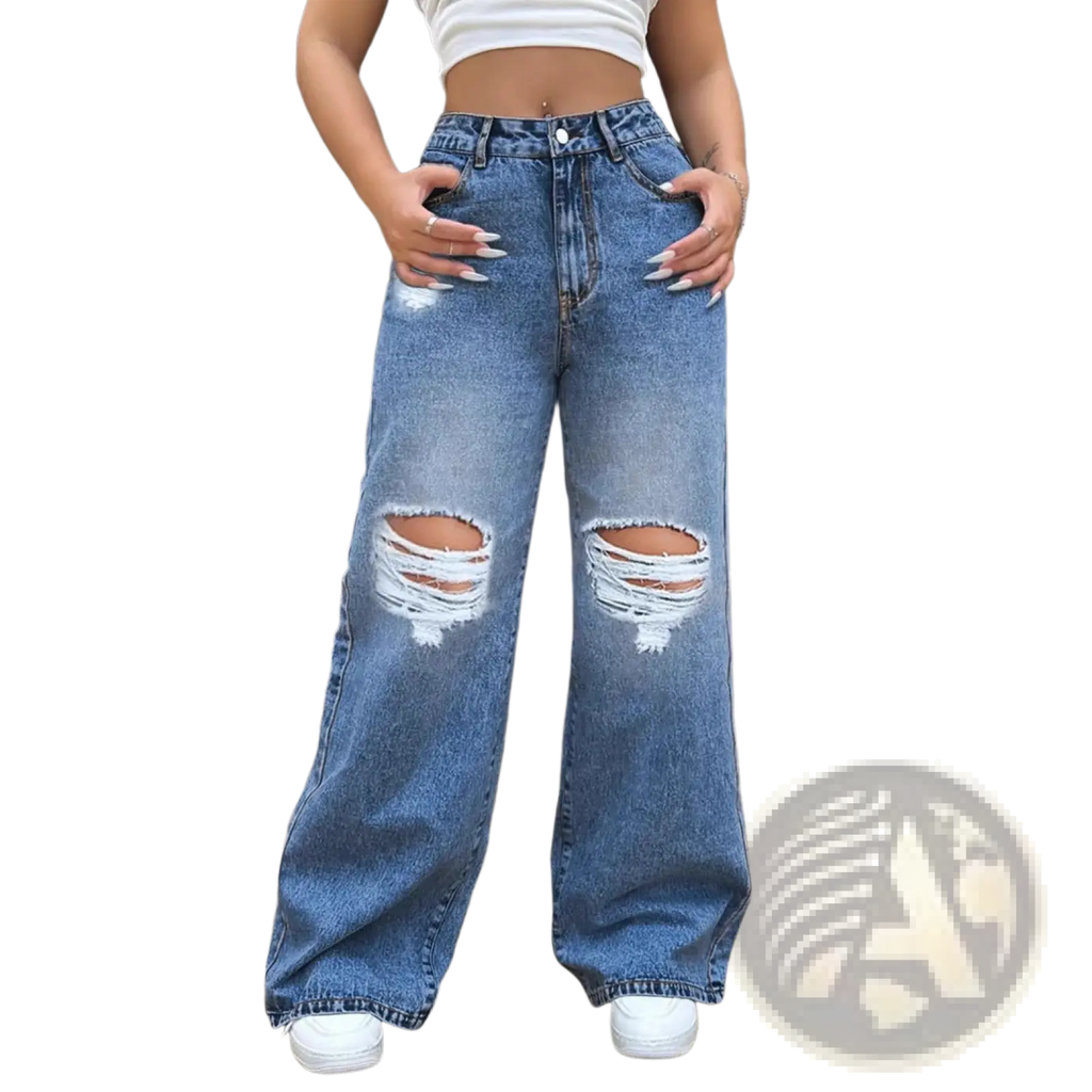 High-waisted wide leg ripped jeans in light wash blue denim with distressed knee details