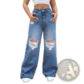 High-waisted wide leg ripped jeans in light wash blue denim with distressed knee details