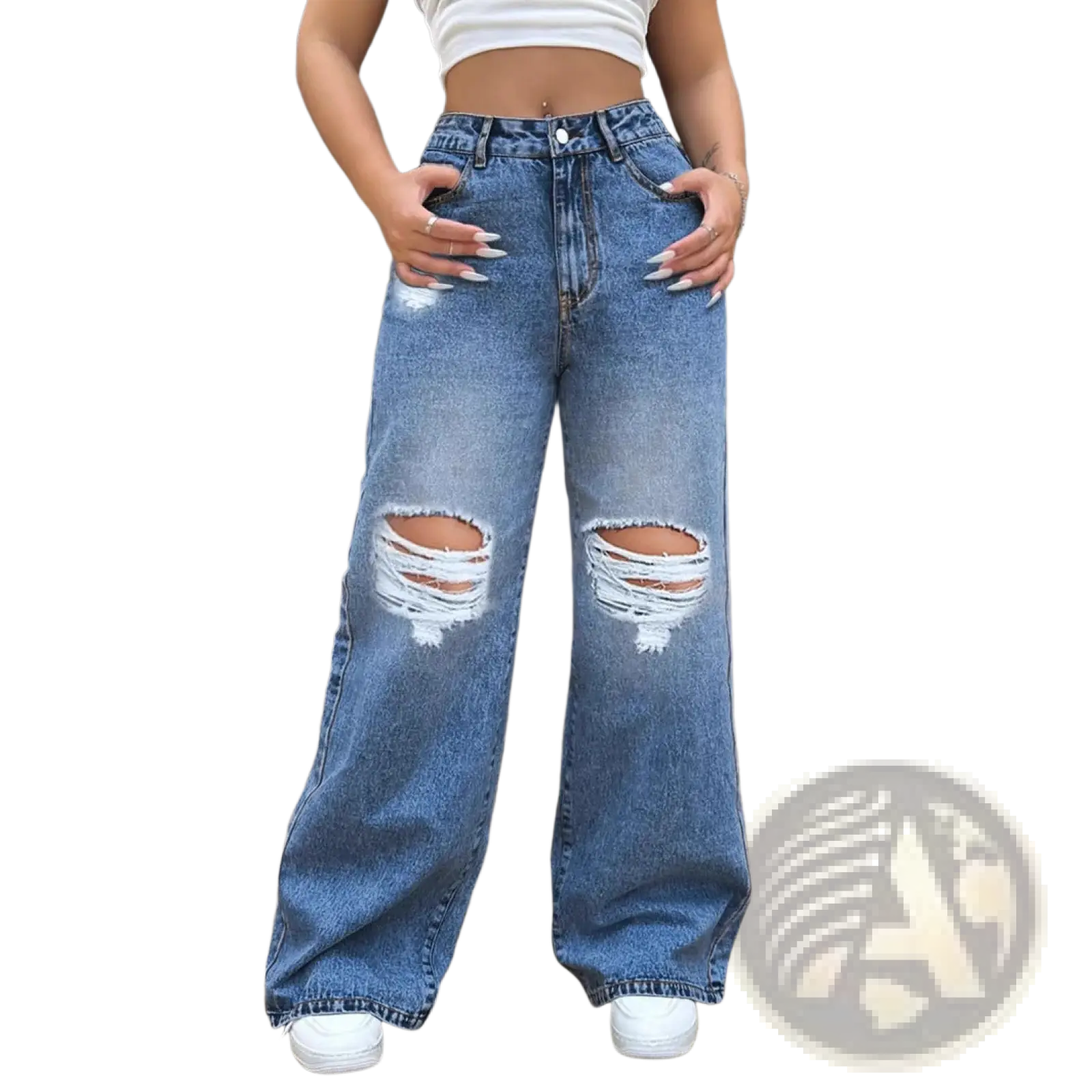 High-waisted wide leg ripped jeans in light wash blue denim with distressed knee details
