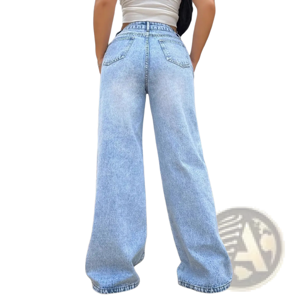 Wide leg ripped jeans light wash denim showing back side with classic back pockets and wide leg cut