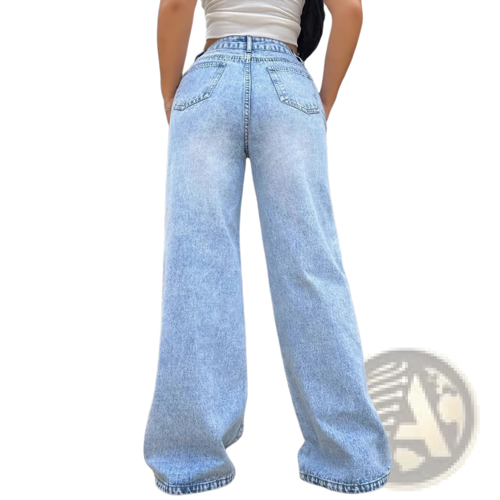 Wide leg ripped jeans light wash denim showing back side with classic back pockets and wide leg cut